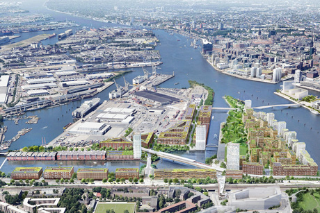 So soll es mal aussehen: Rechts zur Orientierung die Norderelbbrücke, am Horizont die Elbphilharmonie