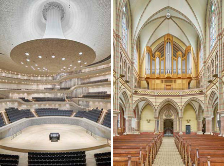 Die Hans-Ola-Ericsson-Orgel in der Elbphilharmonie (l), Kuhnorgel der St. Johannis Kirche