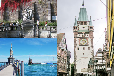 Donauquelle in Donaueschingen (o. l.). Konstanz am Bodensee (u. l.). Der Martinsturm in Freiburg (r.)