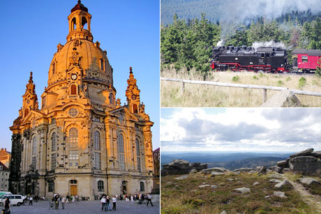 Die Frauenkirche (l.), Brockenbahn (r. o.), Hexenaltar auf dem Brocken (r. u.)