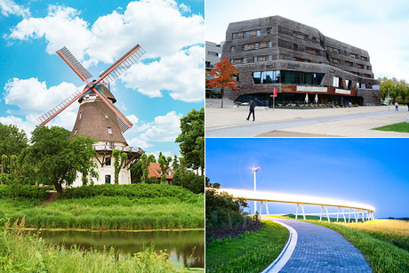 Die historische Windmühle Johanna (r.), das Wälderhaus (o.r.), Energieberg (u.r.), Foto: (c) IBA Hamburg GmbH / Johan