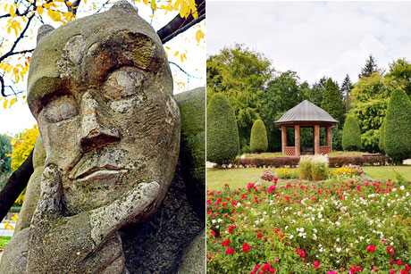 Die Teufelsstatue in Teufelsbrück (l.).  Pavillon im Schulgarten des Altonaer Volksparks (r.)