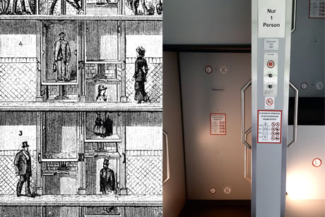 Der Paternoster im Bezirksamt Eimsbüttel dreht sich seit 1953 und wurde 2002 renoviert (r.), (c) stahlpress Medienbür