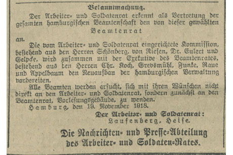 Foto: (c) Staatsarchiv Hamburg, 122-4 Beamtenrat; Hamburger Echo (20.11.1918)
