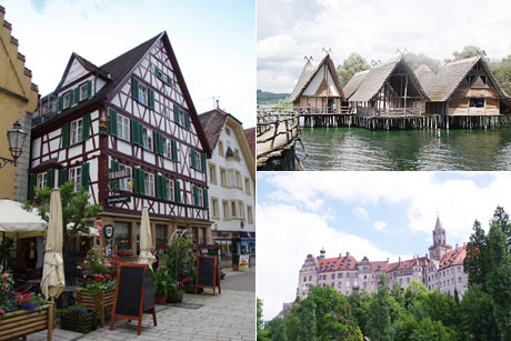 Gasthaus Traube in Sigmaringen (l.). Das Pfahlbaumuseum in Unteruhldingen (o. r.). Burg Hohenzollern (u. r.)