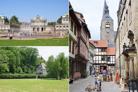 Der Zwinger (o. l.). Goethes Gartenhaus in Weimar (l. u.). Quedlinburger Marktkirche St. Benedikti von 1173 (r.)