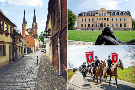 Die Altstadt von Neuruppin (l.).  Schloss Ribbeck im Havelland (o.r.).  Osterumzug der sorbischen Volksgruppe (u.r.)