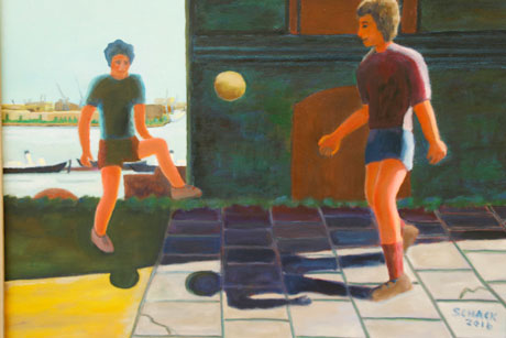 Unterwegs zum Bolzplatz, St. Pauli Hafenstraße 1976 (50 x 60 cm, Öl auf Leinwand, 2016) von Helmut Schack