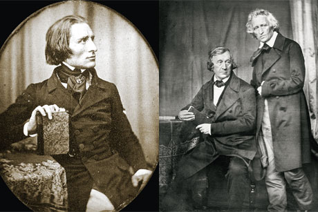 Franz Liszt, aufgenommen 1843 von Hermann Biow (l.), Wilhelm und Jacob Grimm ebenfalls von Hermann Biow (r.), Fotos: gemeinfrei
