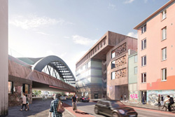 So könnte der neue Clubstandort nach dem Entwurf der Architekten Thüs Farnschläder aussehen. Foto: Clublösung Sternbrücke  Finanzbehörde, Entwurf von den Architekten Thüs Farnschläder